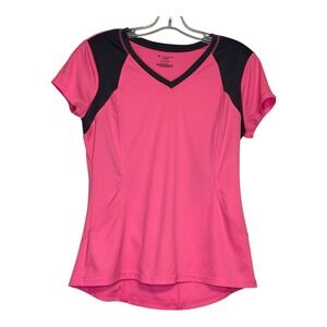 Tek Gear Drytek Activewear Top V-Neck Short‎ Sleeve Athletic Shirt Pink/Gray MED